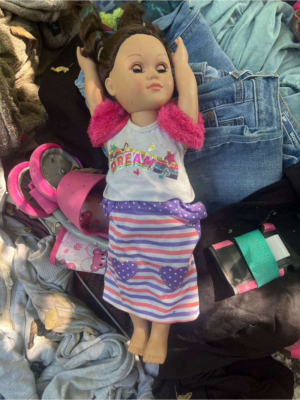 Fashion Play Doll with Pink Plush Shoulders and Purple Striped Skirt